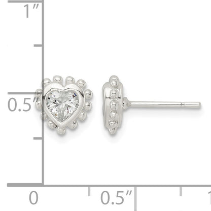 Sterling Silver Polished & Beaded Edge Heart CZ Post Earrings