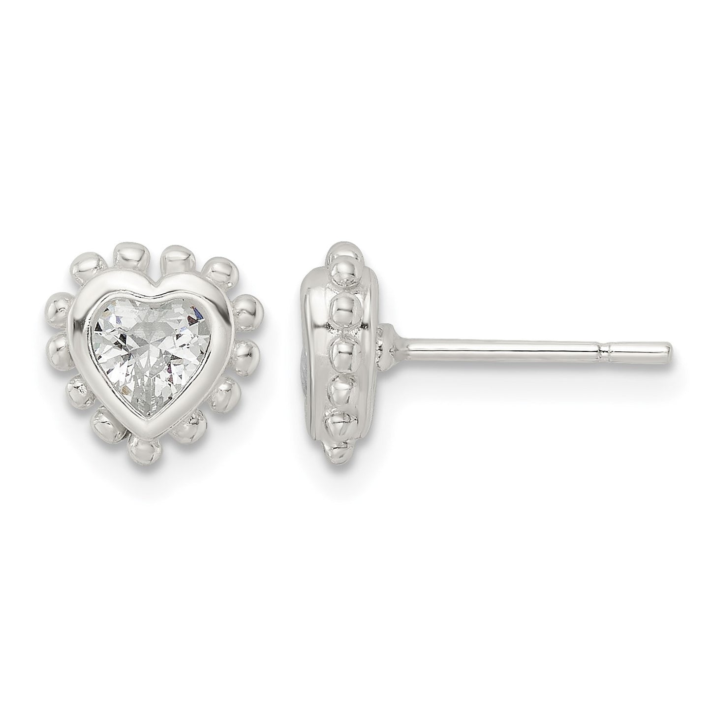 Sterling Silver Polished & Beaded Edge Heart CZ Post Earrings