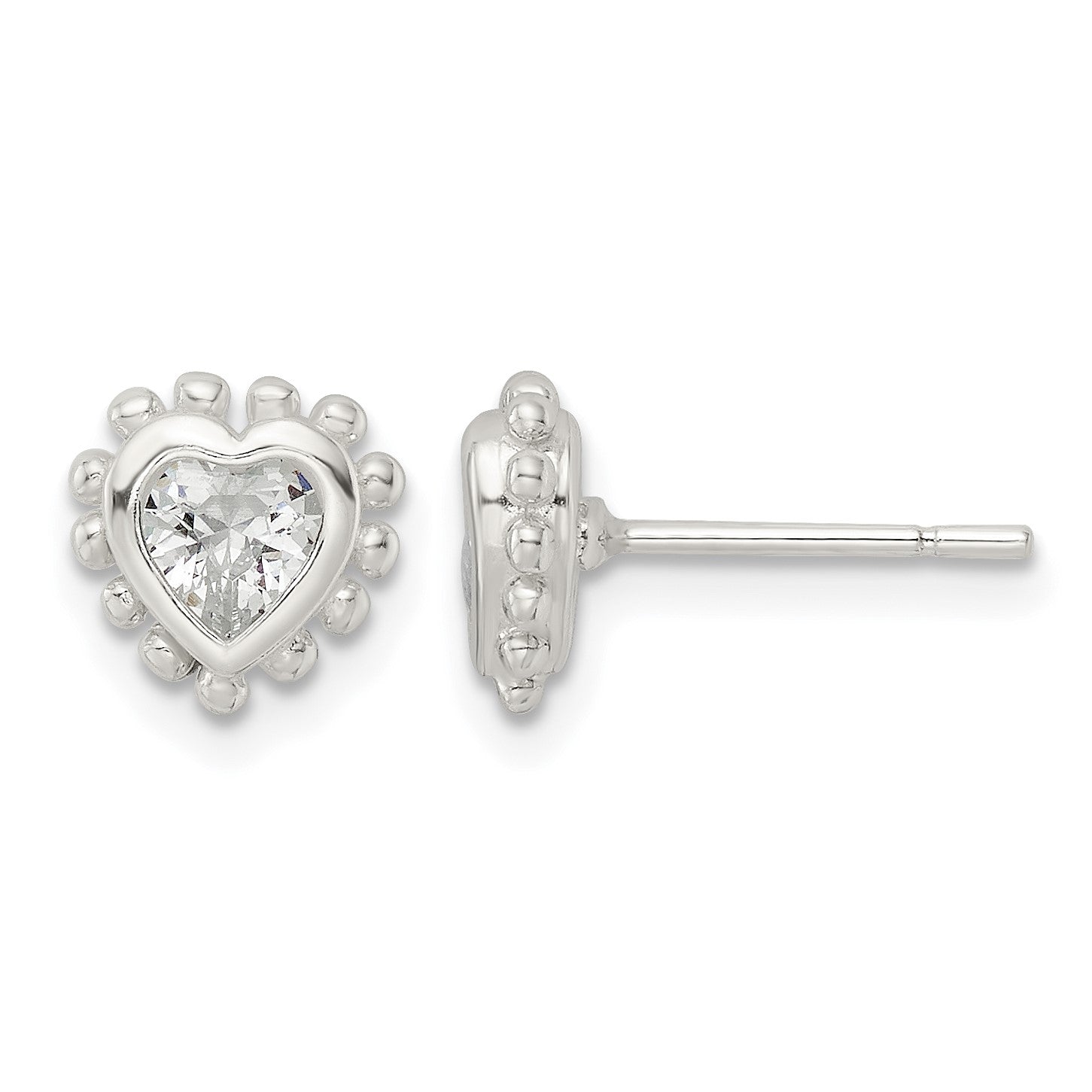 Sterling Silver Polished & Beaded Edge Heart CZ Post Earrings