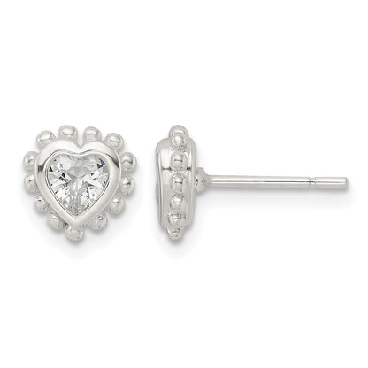 Sterling Silver Polished & Beaded Edge Heart CZ Post Earrings