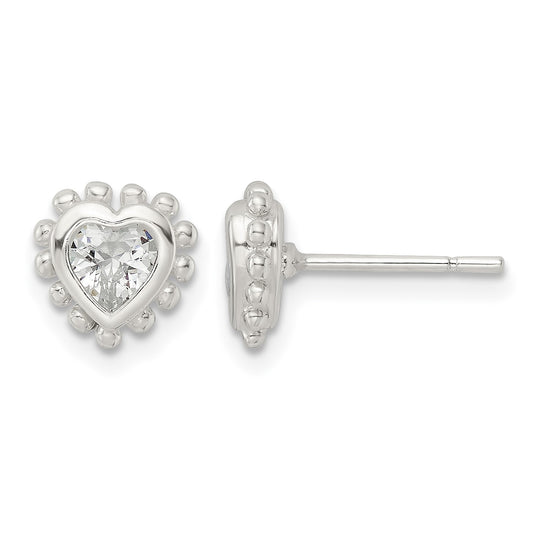 Sterling Silver Polished & Beaded Edge Heart CZ Post Earrings