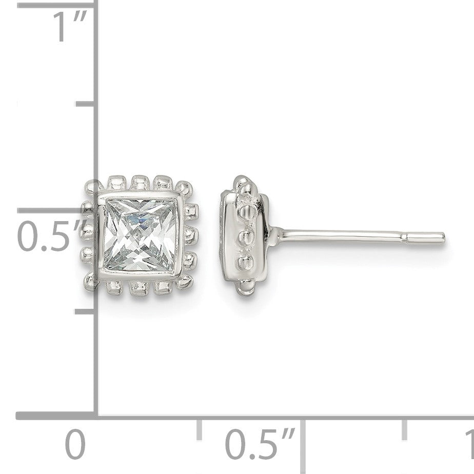 Sterling Silver Polished & Beaded Edge Square CZ Post Earrings