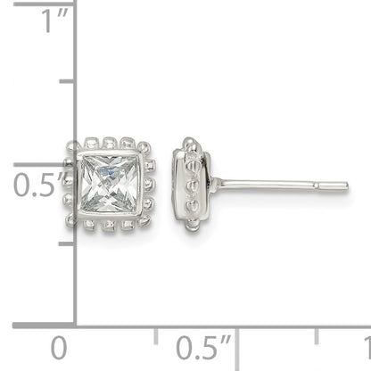 Sterling Silver Polished & Beaded Edge Square CZ Post Earrings