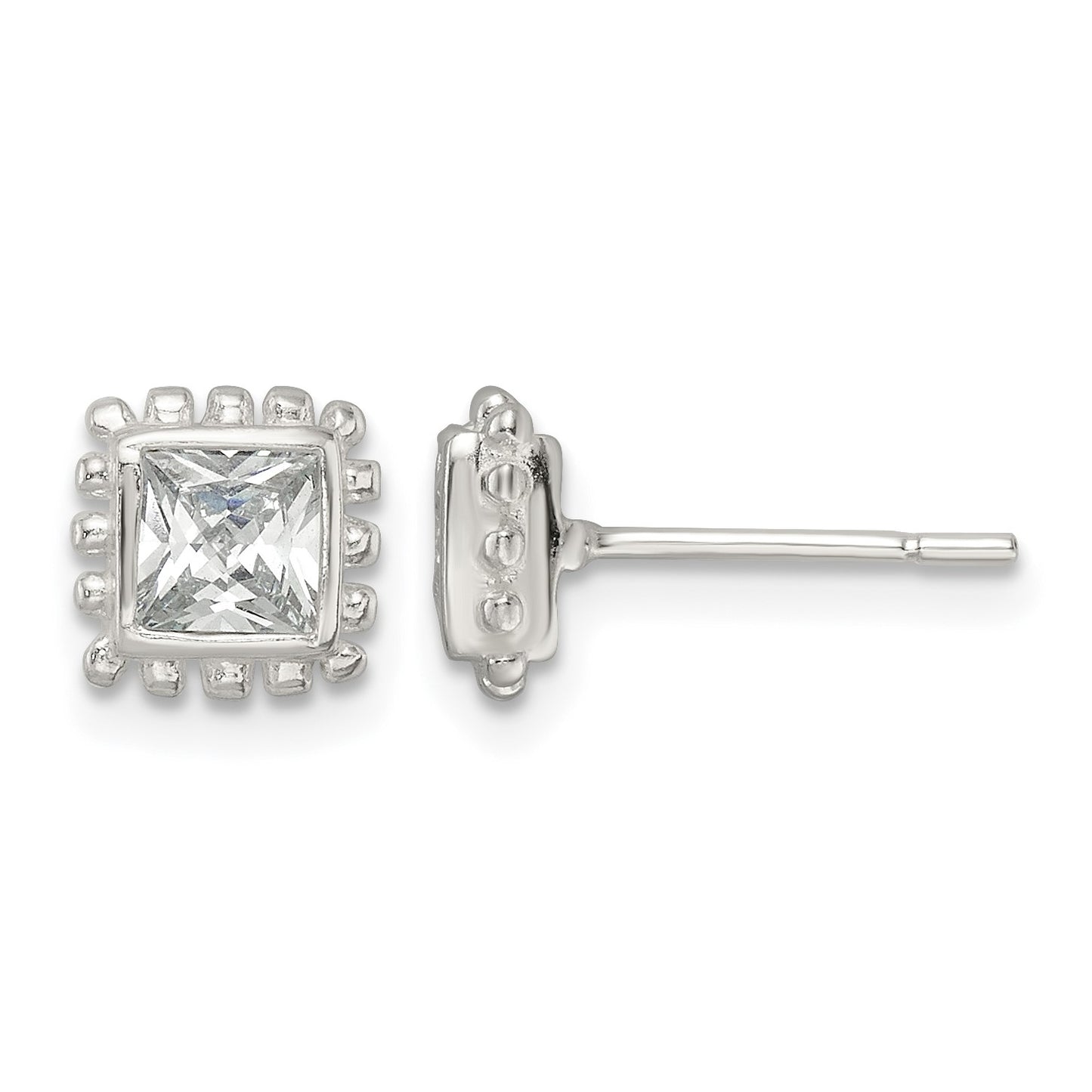 Sterling Silver Polished & Beaded Edge Square CZ Post Earrings