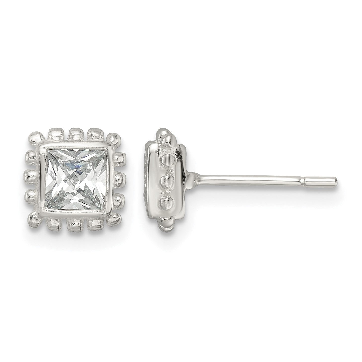 Sterling Silver Polished & Beaded Edge Square CZ Post Earrings