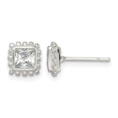 Sterling Silver Polished & Beaded Edge Square CZ Post Earrings