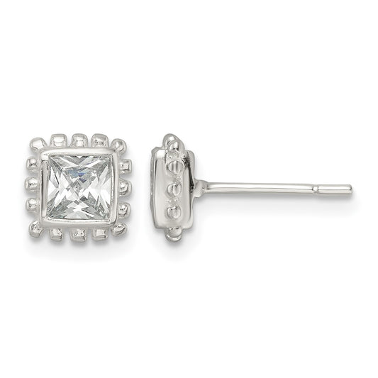 Sterling Silver Polished & Beaded Edge Square CZ Post Earrings