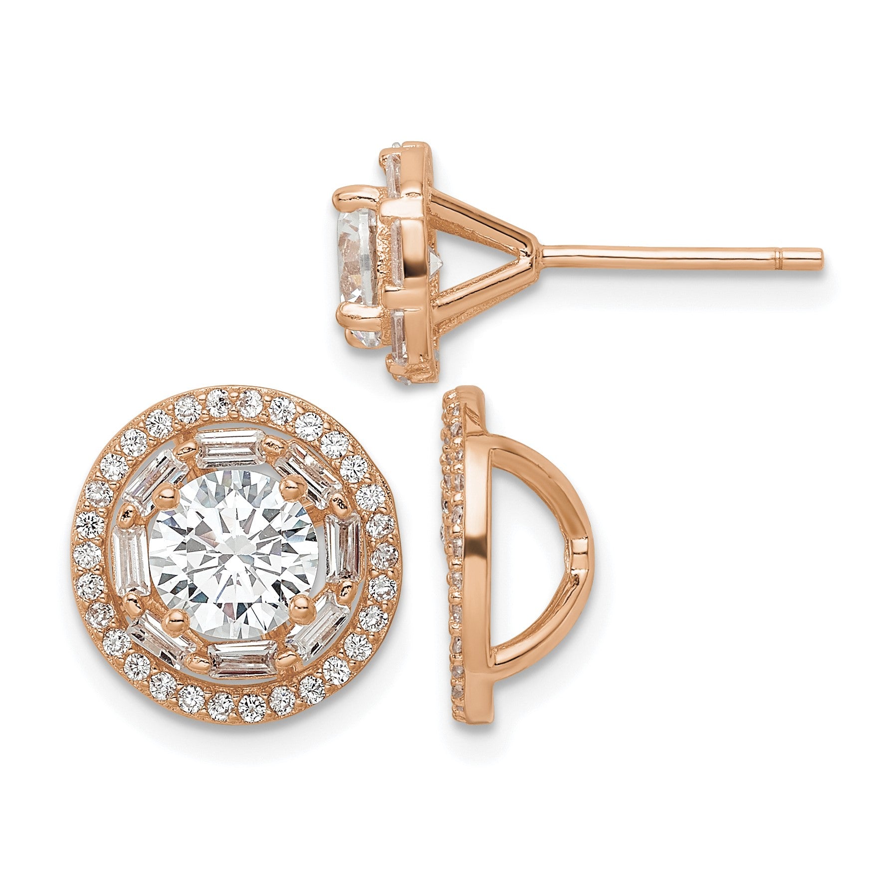 Sterling Silver Rose-tone Polished 6mm CZ Stud w/ Jackets Earrings