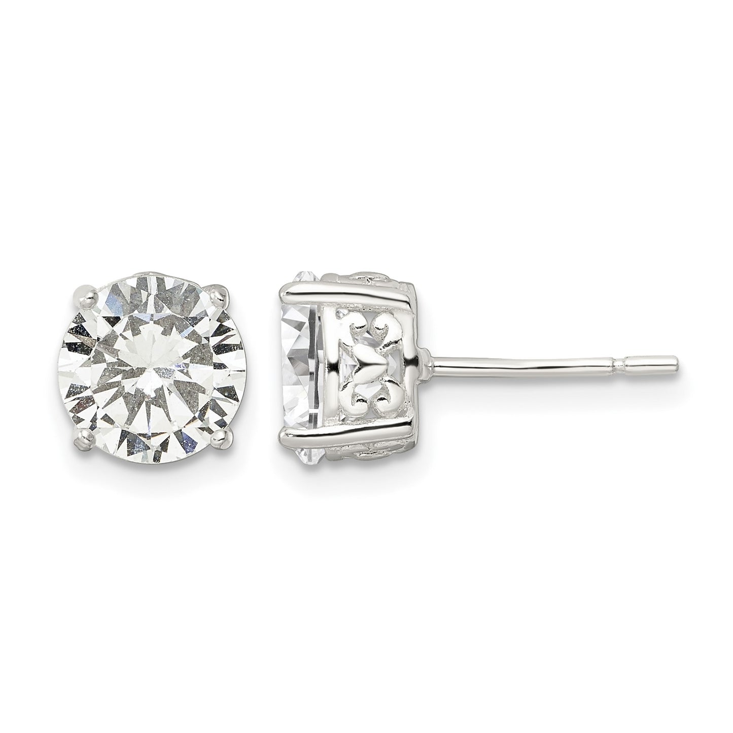Sterling Silver Polished 8mm Round CZ Heart Basket Set Stud Earrings
