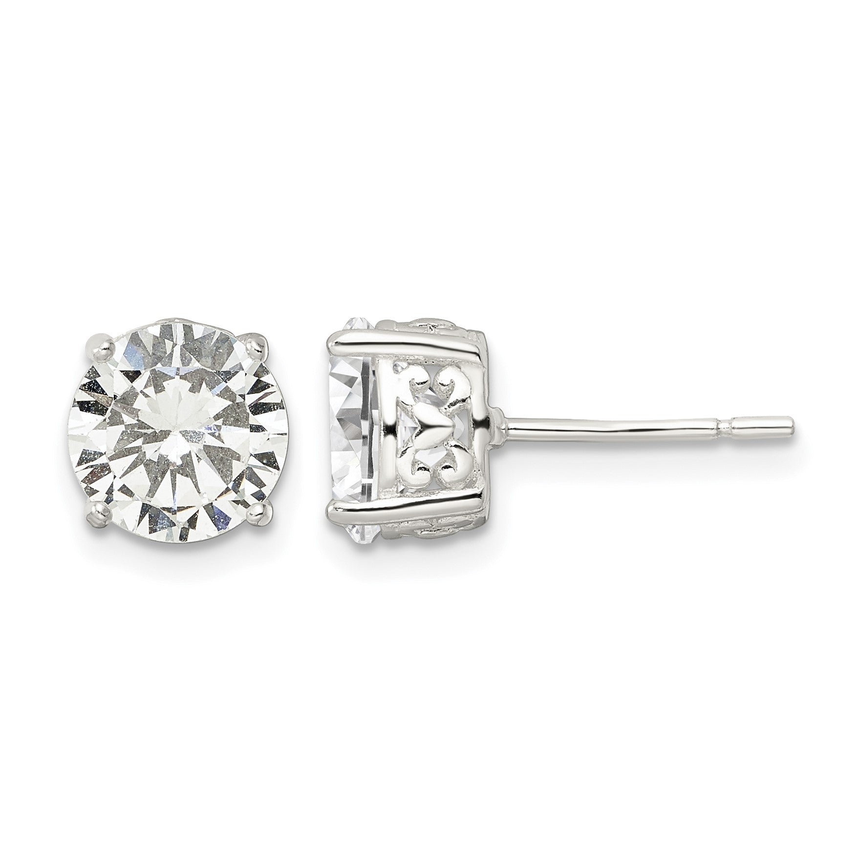 Sterling Silver Polished 8mm Round CZ Heart Basket Set Stud Earrings