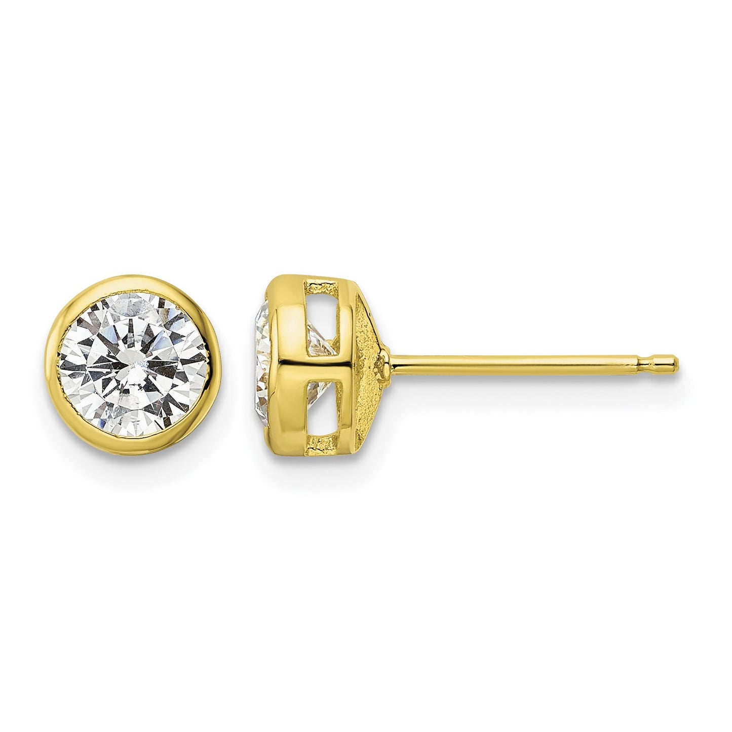 Sterling Silver Gold-tone Polished 6mm Round CZ Bezel Set Stud Earrings