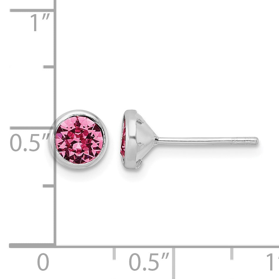 Sterling Silver Rhod-plated Polished 5mm Pink Crystal Bezel Stud Earrings