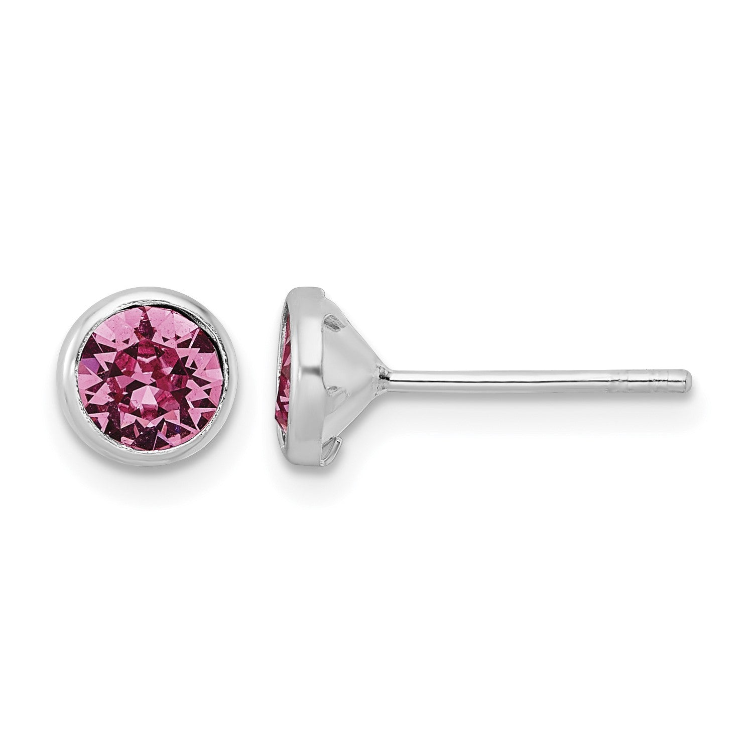 Sterling Silver Rhod-plated Polished 5mm Pink Crystal Bezel Stud Earrings