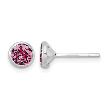 Sterling Silver Rhod-plated Polished 5mm Pink Crystal Bezel Stud Earrings