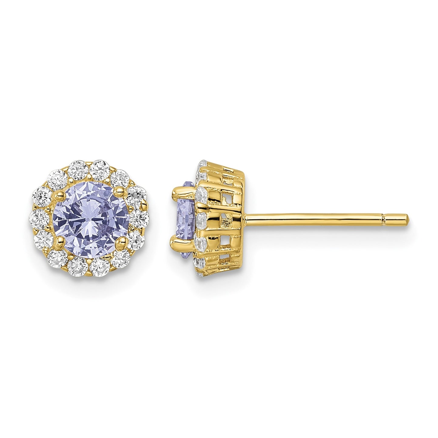 Sterling Silver Gold-plated Polished Purple & White CZ Halo Post Earrings