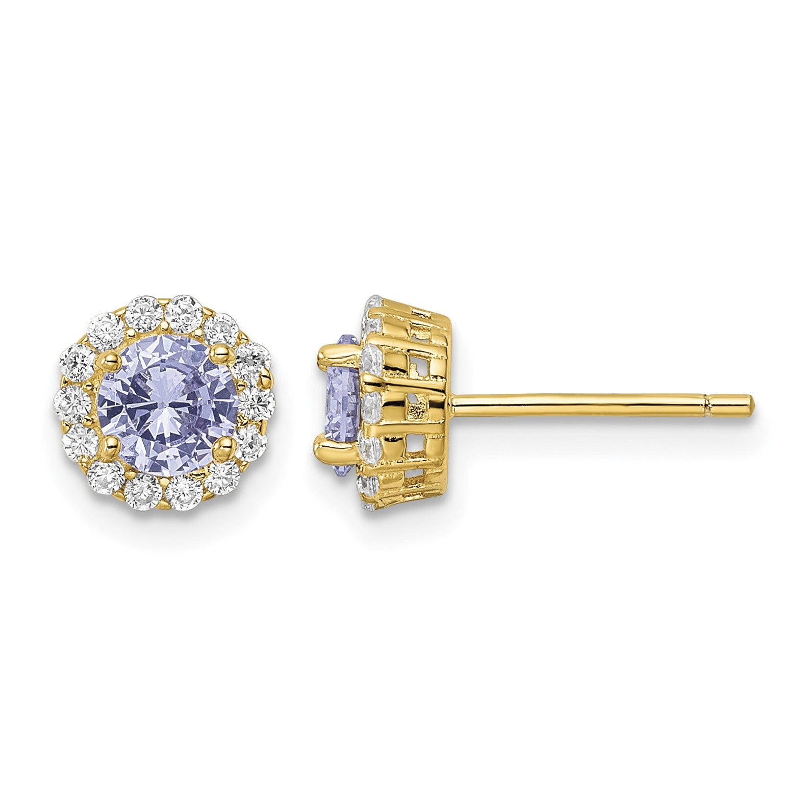 Sterling Silver Gold-plated Polished Purple & White CZ Halo Post Earrings