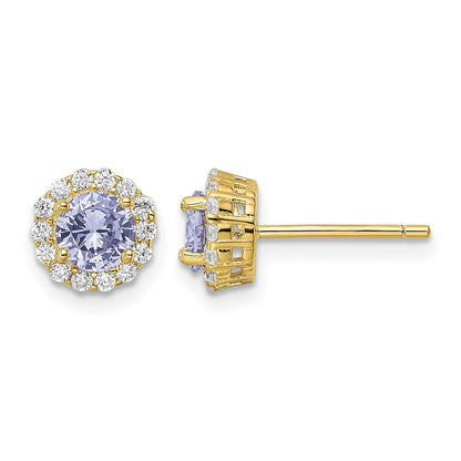 Sterling Silver Gold-plated Polished Purple & White CZ Halo Post Earrings