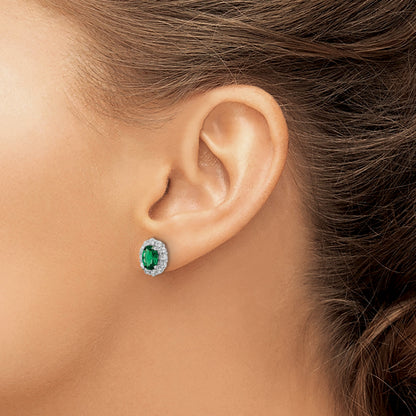 Sterling Silver Rhod-plated Polished Green & White CZ Oval Post Earrings