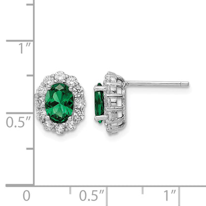Sterling Silver Rhod-plated Polished Green & White CZ Oval Post Earrings