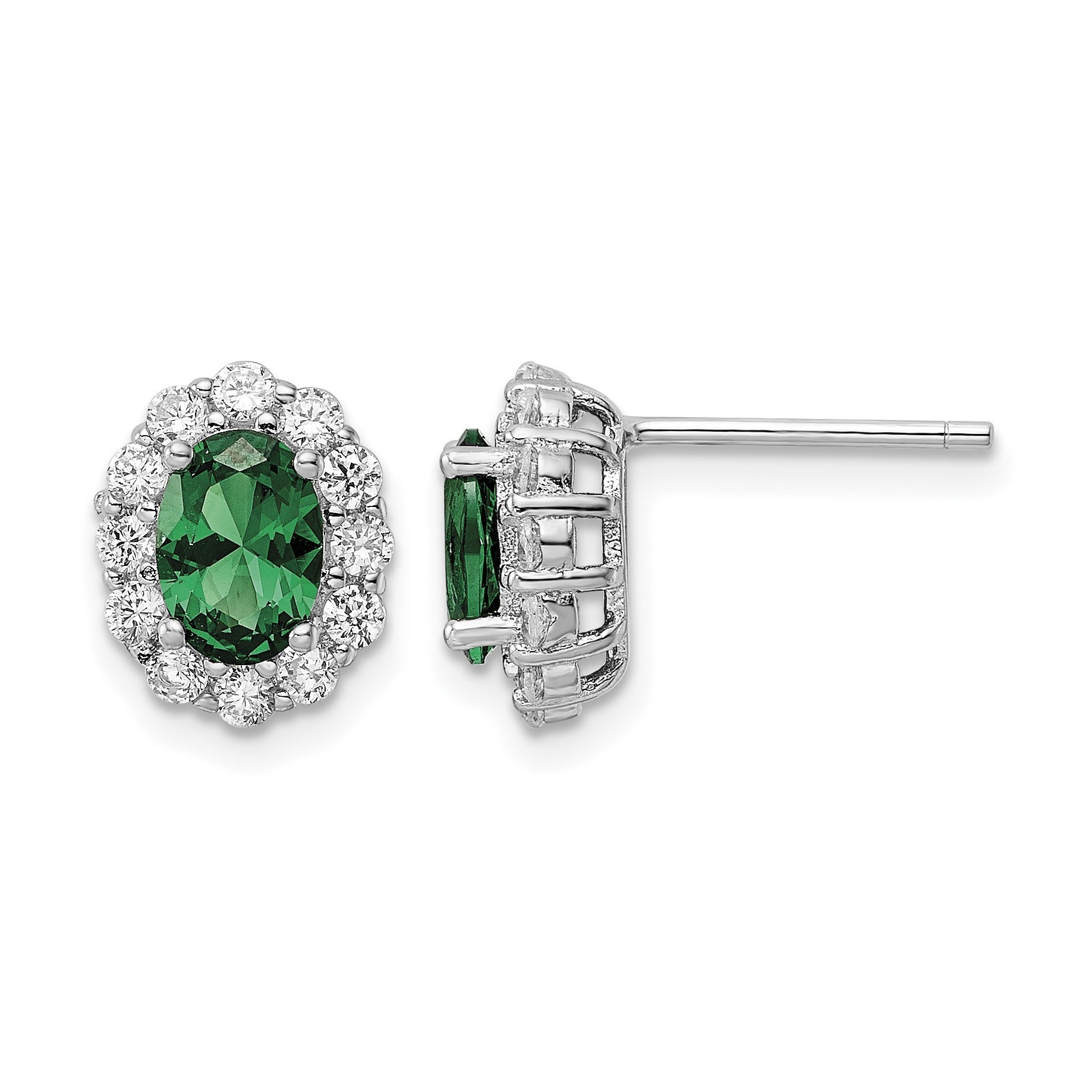 Sterling Silver Rhod-plated Polished Green & White CZ Oval Post Earrings