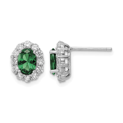 Sterling Silver Rhod-plated Polished Green & White CZ Oval Post Earrings