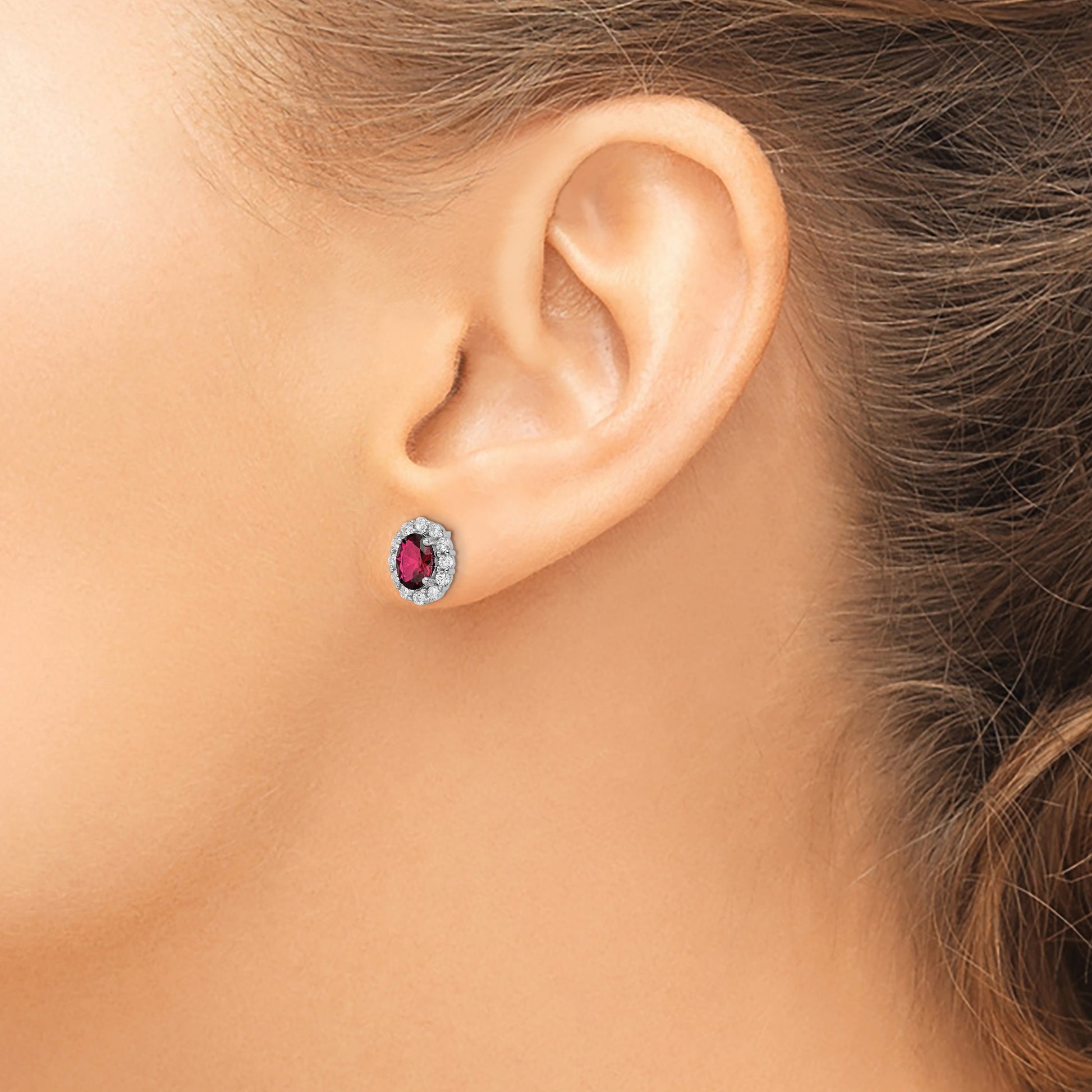Sterling Silver Rhodium-plated Red & White CZ Oval Post Earrings