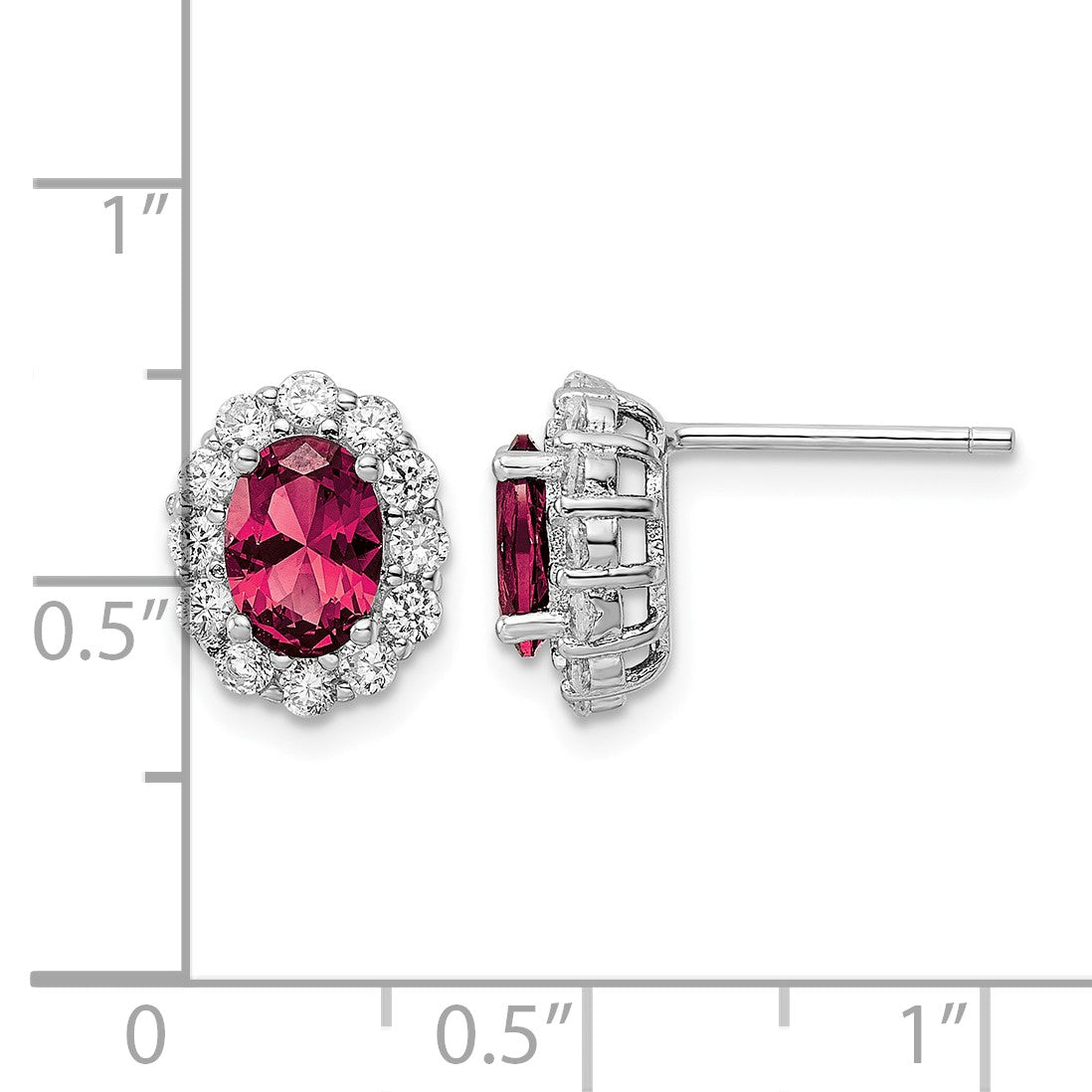 Sterling Silver Rhodium-plated Red & White CZ Oval Post Earrings