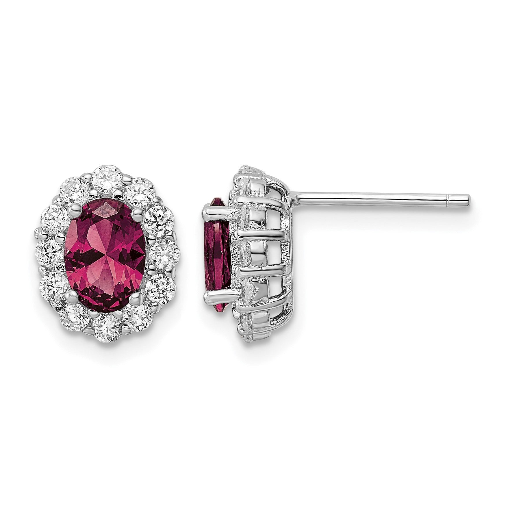 Sterling Silver Rhodium-plated Red & White CZ Oval Post Earrings