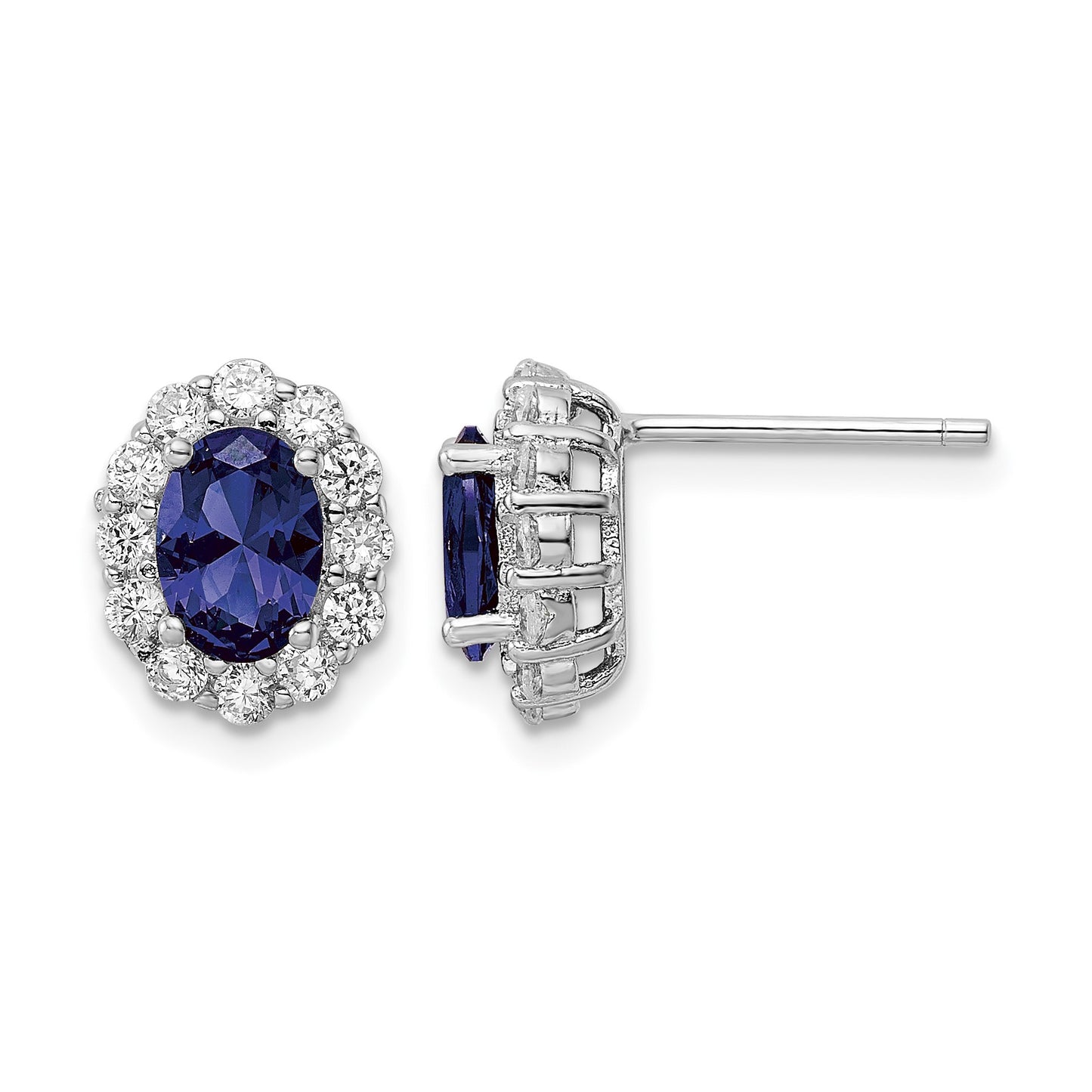 Sterling Silver Rhodium-plated Polished Blue & White CZ Oval Post Earrings