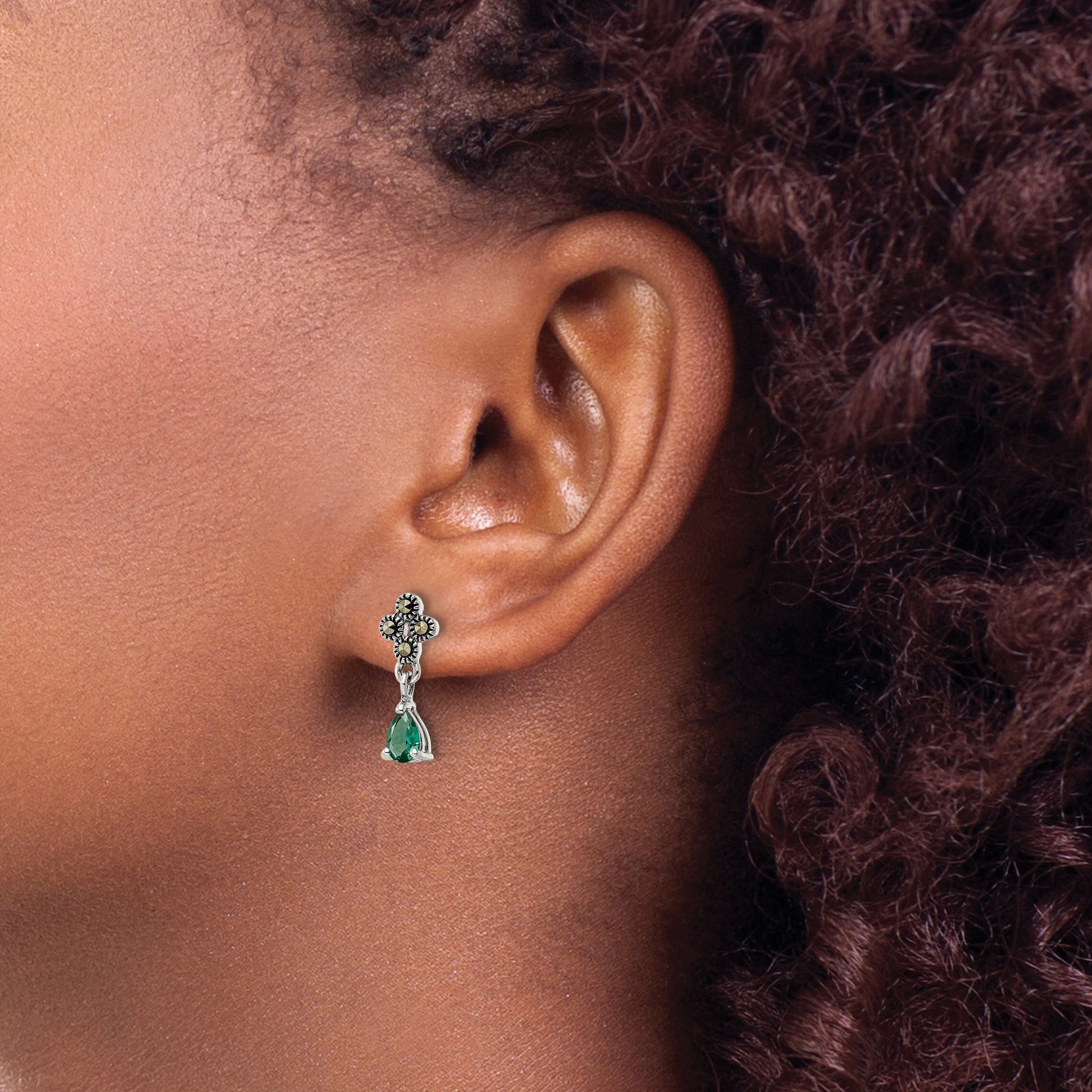 Sterling Silver Antiqued Marcasite & Cr. Green Quartz Post Dangle Earrings
