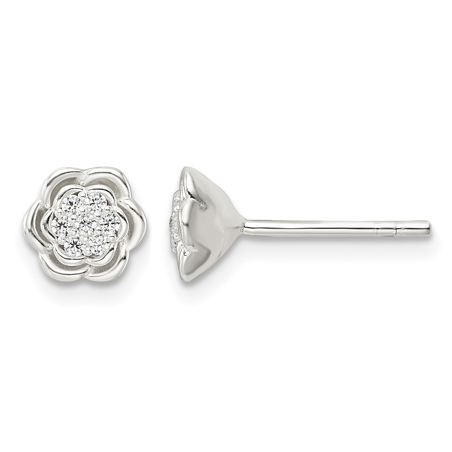 Sterling Silver Polished Floral CZ Post Earrings