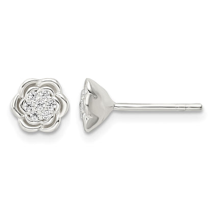 Sterling Silver Polished Floral CZ Post Earrings