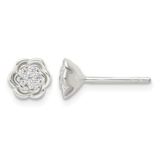 Sterling Silver Polished Floral CZ Post Earrings