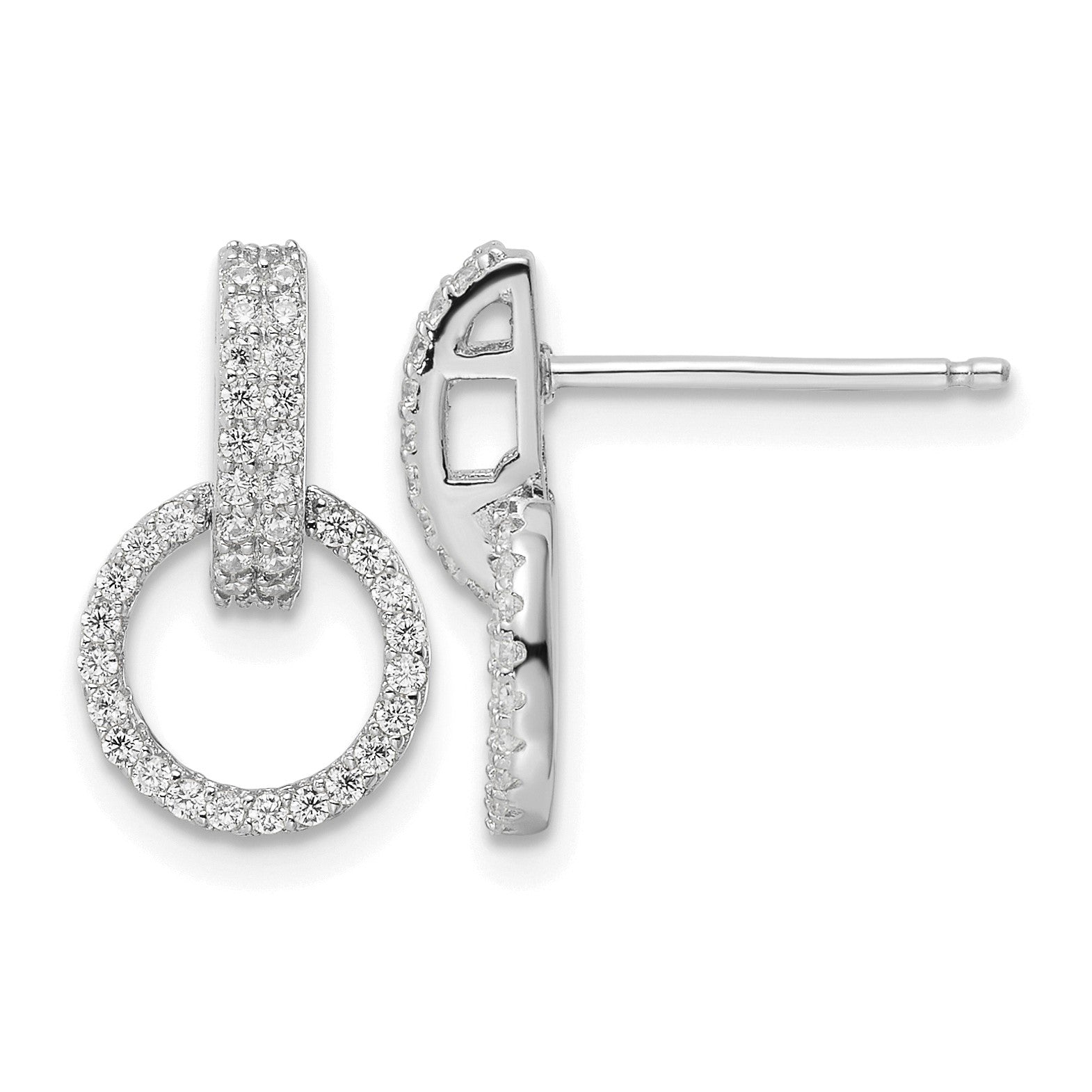 Sterling Silver Rhodium-plated Polished CZ Circle Post Dangle Earrings