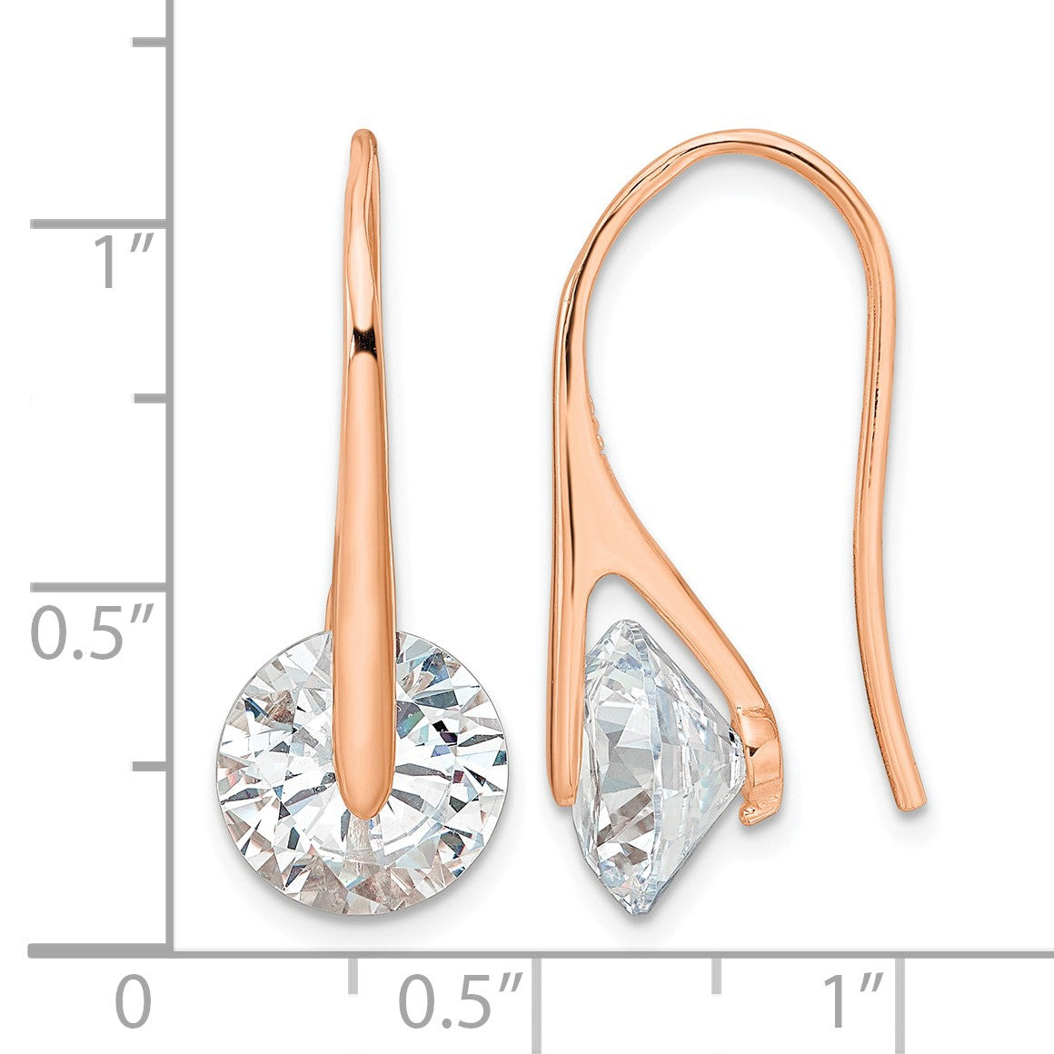 Sterling Silver Rose-tone Polished Round CZ Dangle Earrings
