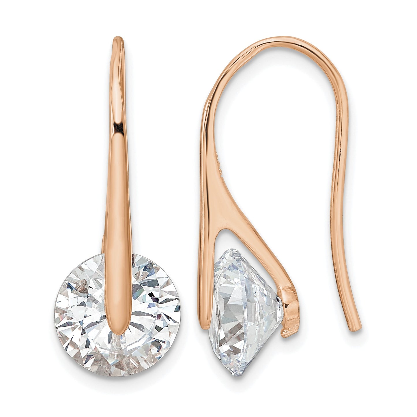 Sterling Silver Rose-tone Polished Round CZ Dangle Earrings