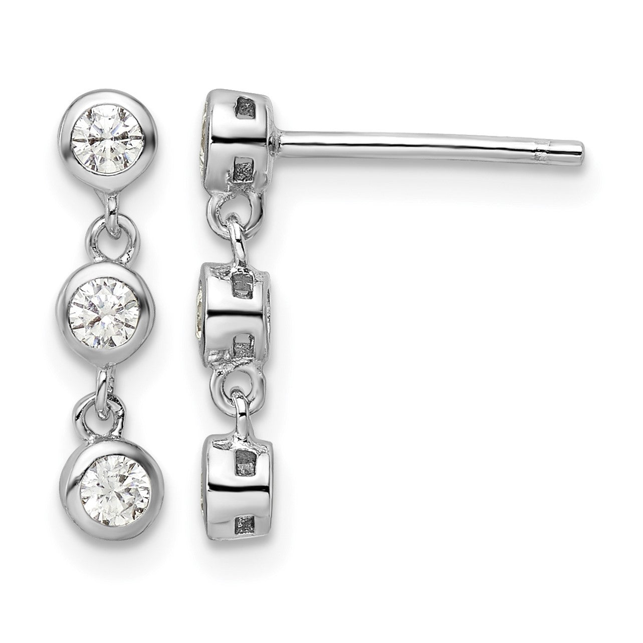 Sterling Silver Rhodium-plated Polished Three CZ Post Dangle Earrings