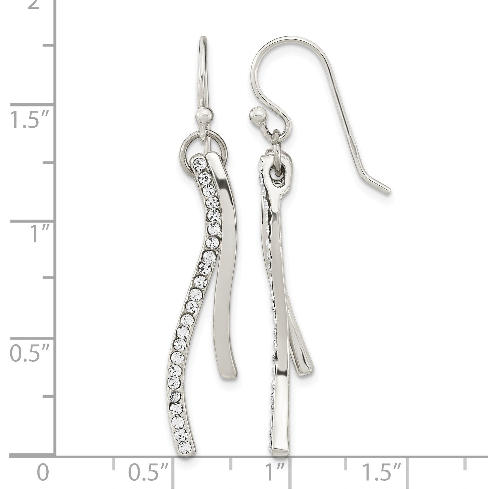 Sterling Silver Polished CZ Wavy Bar Dangle Shephard Hook Earrings