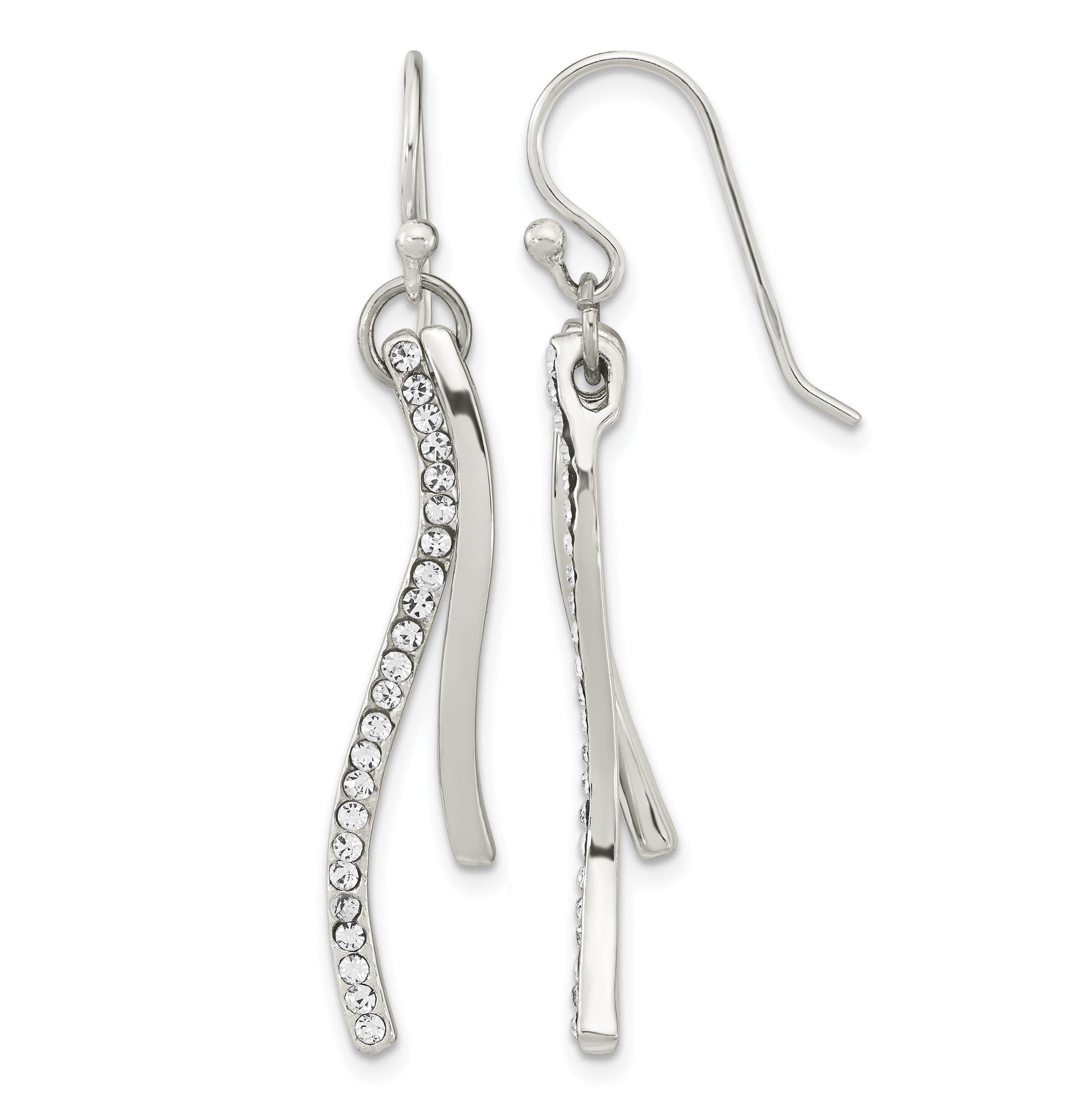 Sterling Silver Polished CZ Wavy Bar Dangle Shephard Hook Earrings