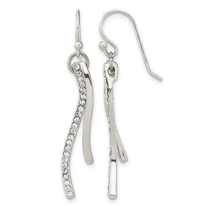 Sterling Silver Polished CZ Wavy Bar Dangle Shephard Hook Earrings
