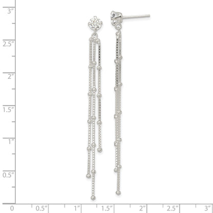 Sterling Silver Polished CZ & Beaded Chain Post Dangle Earrings