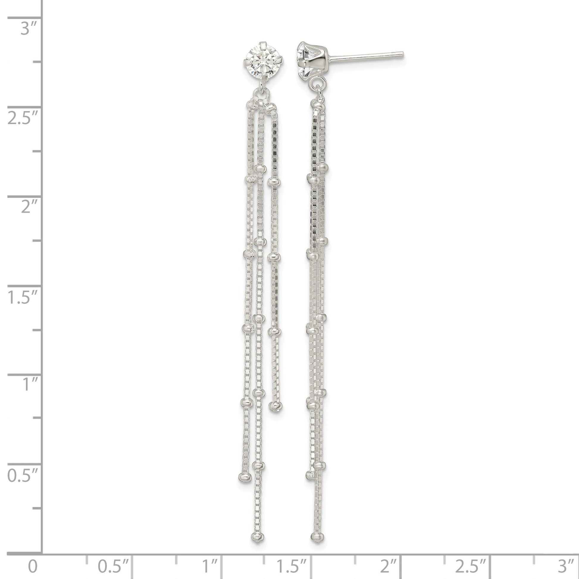 Sterling Silver Polished CZ & Beaded Chain Post Dangle Earrings