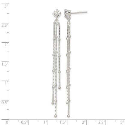 Sterling Silver Polished CZ & Beaded Chain Post Dangle Earrings