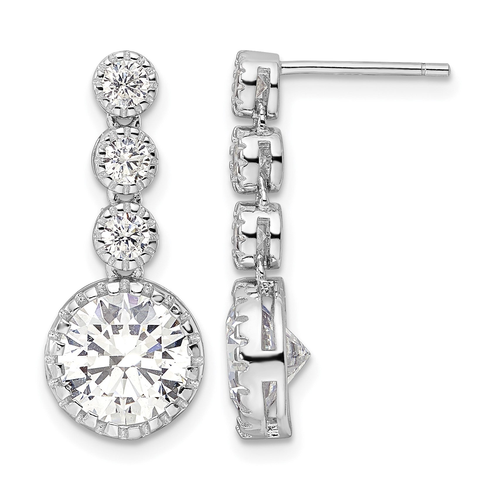 Sterling Silver Rhodium-plated Polished Round CZ Post Dangle Earrings