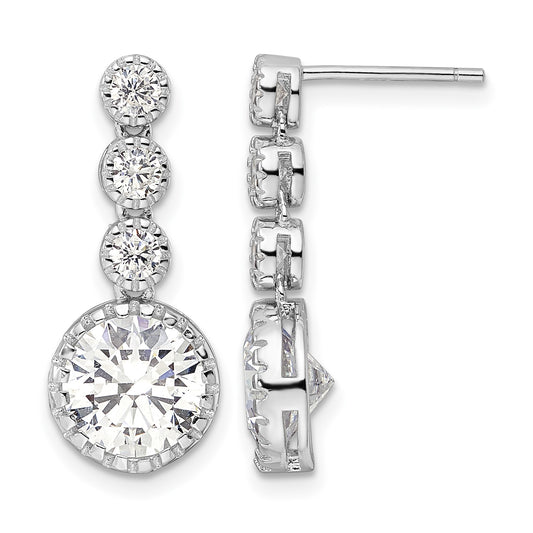 Sterling Silver Rhodium-plated Polished Round CZ Post Dangle Earrings