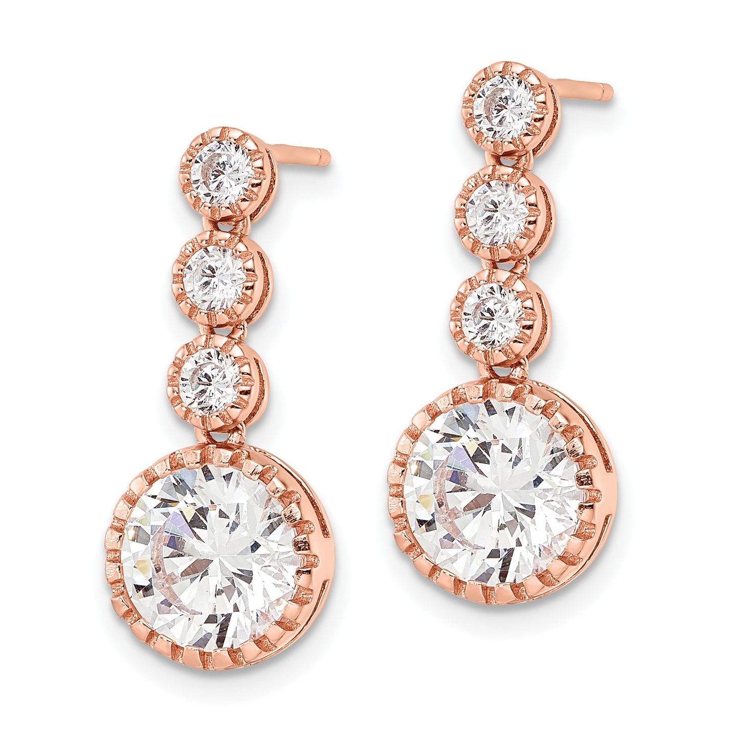 Sterling Silver Rose-tone Polished Round CZ Post Dangle Earrings