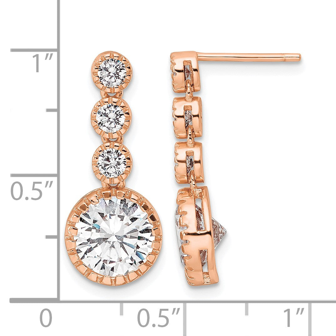 Sterling Silver Rose-tone Polished Round CZ Post Dangle Earrings