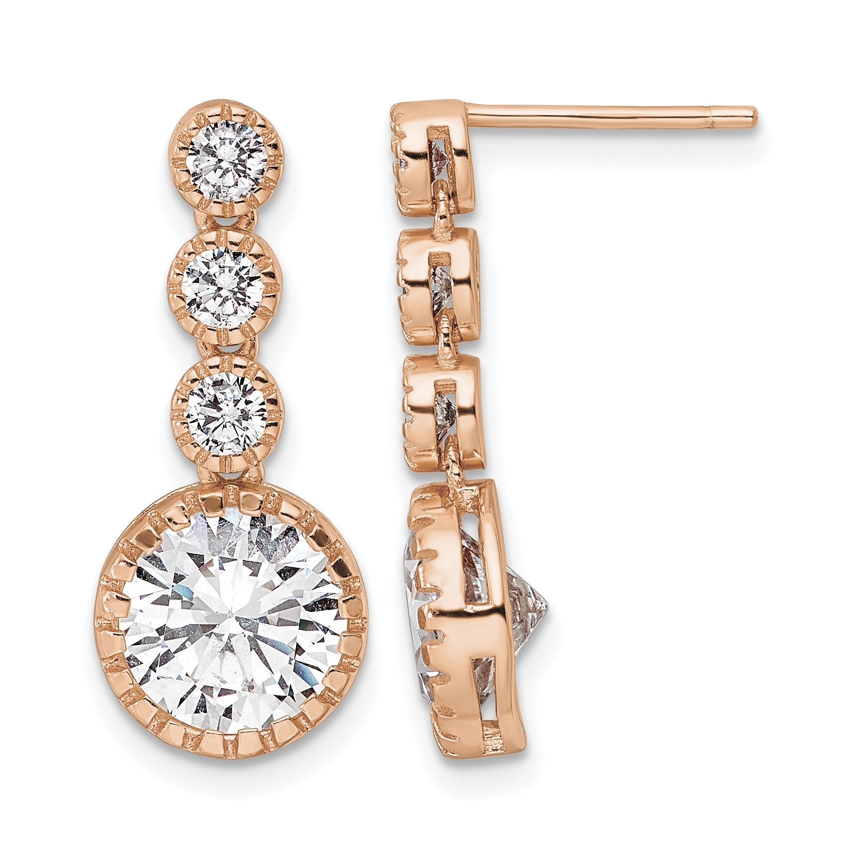 Sterling Silver Rose-tone Polished Round CZ Post Dangle Earrings