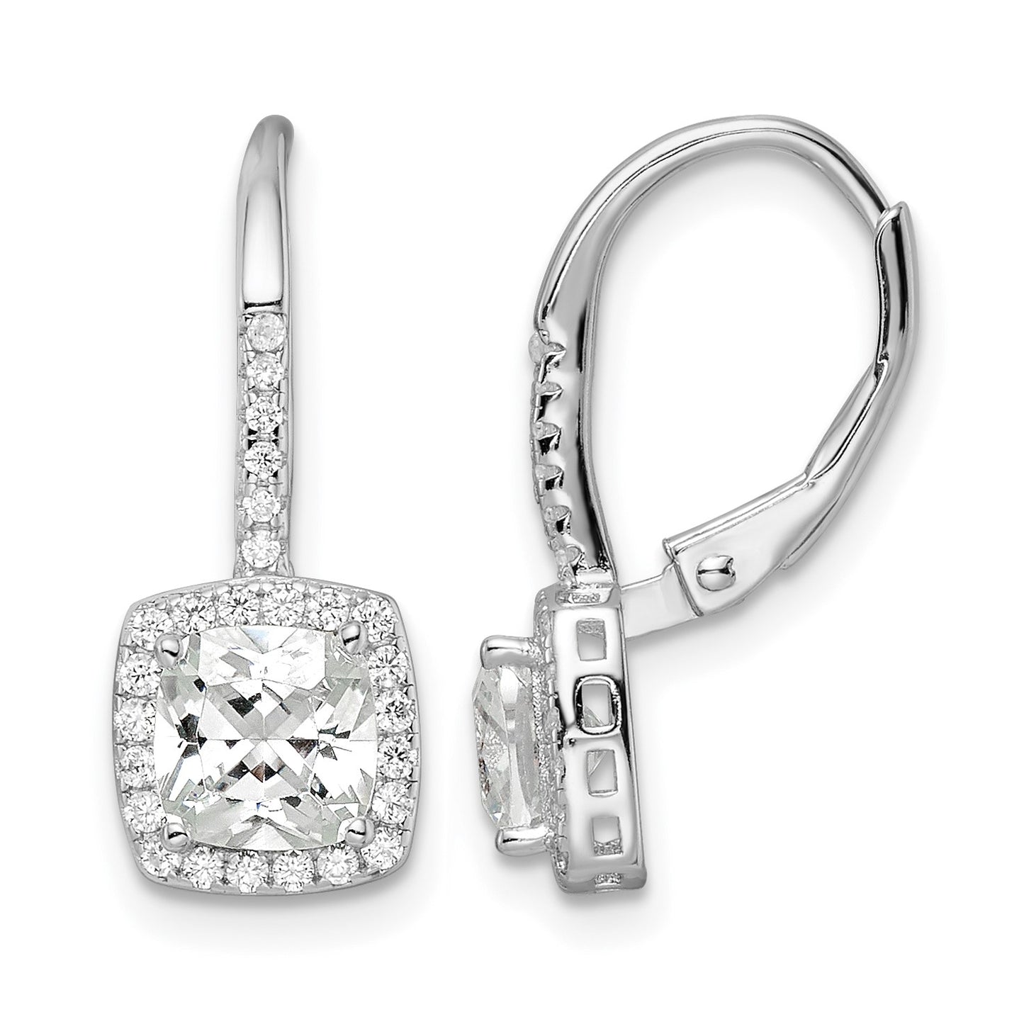 Sterling Silver RH-plated Polished Princess Cut CZ Halo Leverback Earrings