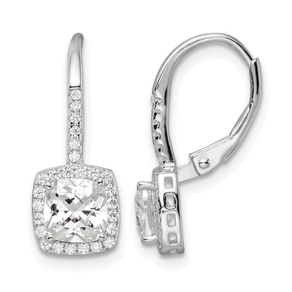 Sterling Silver RH-plated Polished Princess Cut CZ Halo Leverback Earrings